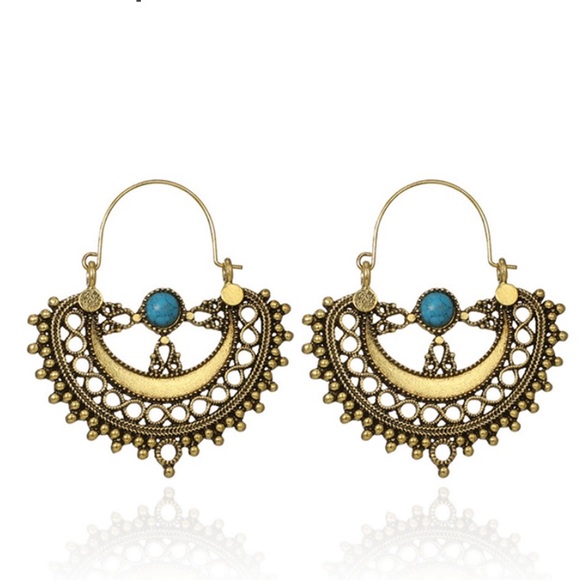 Vintage Gold Bali Gypsy Turquoise Earrings - Picture 2 of 4